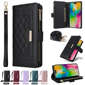 Grid Leather Wallet Zipper Phone Case For iPhone 16 15 14 13 12 11 Pro Max 8 XR - Picture 1 of 17