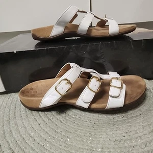 Women's Size 7 Vionic MISA Slide Sandal White Patent Leather Shoes wVelc Comfort - Picture 1 of 11