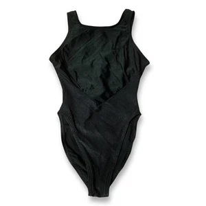 Vintage 80s Nike 1 Piece Swimsuit Black High Cut Thigh Nylon Swim Sz Small - Picture 1 of 8