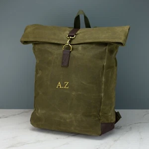 Personalised Canvas Backpack Bag - Waxed Canvas Rolltop Embroidered Bag - Picture 1 of 26