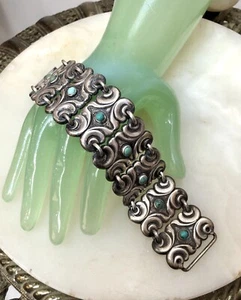 VTG 1940s Pre-Eagle TAXCO Mexico Sterling Silver HEAVY LINK Swirl Cab BRACELET - Picture 1 of 9