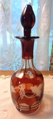 VINTAGE HANDMADE BOHEMIAN ETCHED RUBY GLASS DECANTER-GRAPES & LEAVES - Image 1 of 4