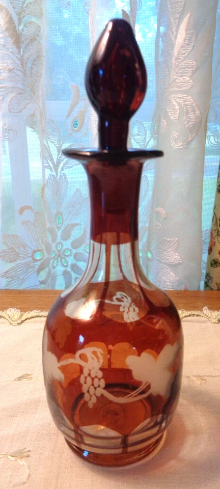 VINTAGE HANDMADE BOHEMIAN ETCHED RUBY GLASS DECANTER-GRAPES & LEAVES - Image 1 of 4