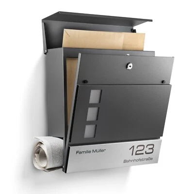 NEWHABITAT Moderner Briefkasten Anthrazit mit Zeitungsfach - Wandbriefkasten personalisiert