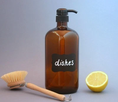 1 litre Amber Glass Bottle Soap Dispenser Pump with chalkboard label - image 1 of 4