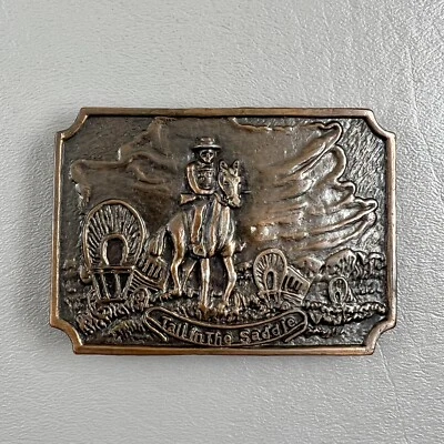 Vintage Western Brass Belt Buckle Tall In The Saddle Covered Wagon Hong Kong - Image 1 of 4
