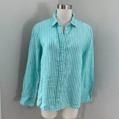 Baird McNutt J Crew Womens 12 Green White Stripe Irish Linen Perfect Shirt Top Foto 1 de 4