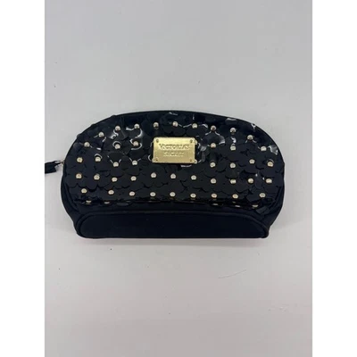 Bolsa de maquillaje cosmético Victoria's Secret negra floral lentejuelas forro de leopardo Foto 1 de 4