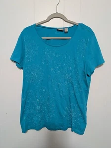 Chicks Size 3 Ladies Turquoise Embroidered Floral Rhinestone Knit Top - Picture 1 of 4