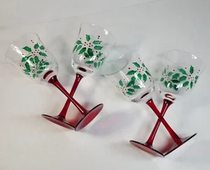 Gorham Festive Holly Wine Glasses 10oz Handpainted Holiday Christmas Set 4 - Picture 1 of 11