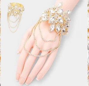 Leaf Crystal Rhinestone Cocktail Hand Chain Egyptian Bangle Bracelet Link Cuff - Picture 1 of 2