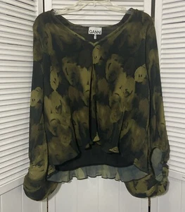 Ganni Damen 38 Ballonärmel stretchig Oberteil grün bunt Blumen Plissee Bluse - Bild 1 von 16