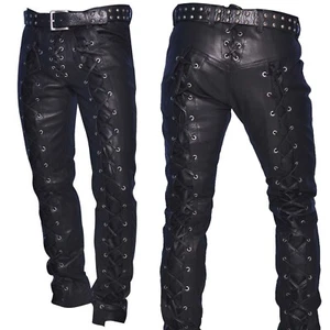 Men’s Black Leather Lace-Up Pants – Gothic Biker Steampunk Motorcycle Pants - Picture 1 of 4