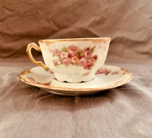 JEAN POUYAT Limoges Pink Roses & Gold Antique Cup & Saucer - Picture 1 of 5