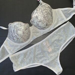Victoria's Secret 30C BRA SET S thong GREEN SILVER gray embroidered crystallized