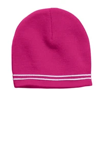 Pink White Beanie Sport-Tek Spectator STC20 OS Striped Acrylic Warm Cozy Comfy - Picture 1 of 5