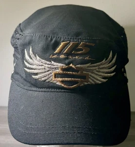Harley Davidson 115 Years Black Hat Cap w/ Silver Wings Adjustable Strap Back - Picture 1 of 7