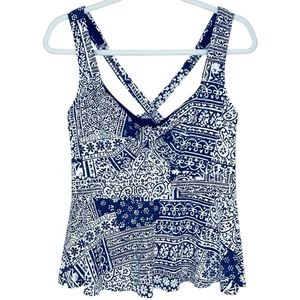 Lands End Tankini Top 16W 1X Blue White Underwire Swimwear Swimsuit Beach Pool - Picture 1 of 6