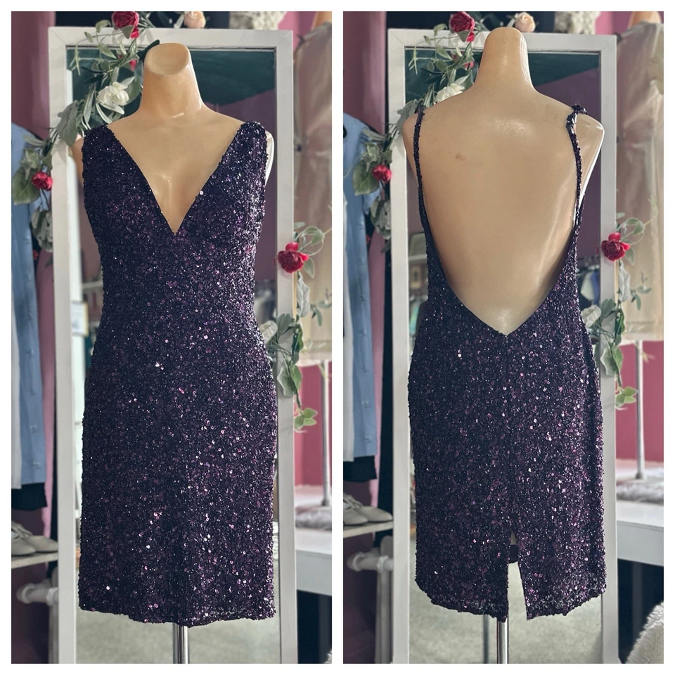 Mini Vestido Vintage Años 90 Con Cuentas Púrpura Cóctel Fiesta Espalda Abierta Baile de graduación Escala S Foto 1 de 4
