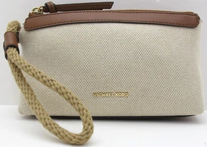 NWT Authentic MICHAEL KORS Talia Small Top Zip Canvas Wristlet Natural Luggage - Picture 1 of 9
