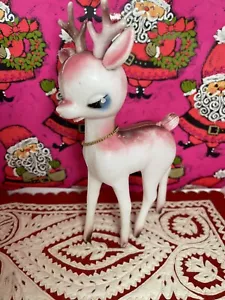 Vintage Pink Soft Plastic Deer Made In Hong Kong-Christmas-Kitschy-cute-reindeer - Picture 1 of 20