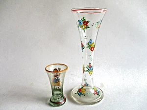 moser art glas vase vintage antik moser emailliertes Glas Knospenvase + Weinglas - Bild 1 von 4