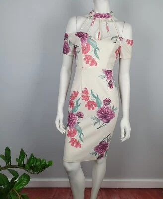 Angel Biba Size 8 Bodycon Fitted Dress Midi Off The Shoulder High Neck Floral - image 1 of 4