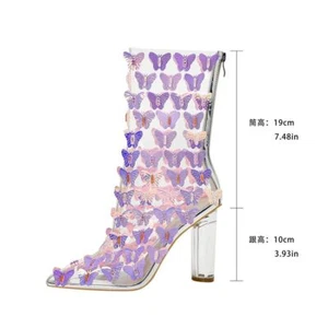Womens Fashion Transparent Pointy Toe Butterfly Block Heel Ankle Boots Shoes AEC - Picture 1 of 13