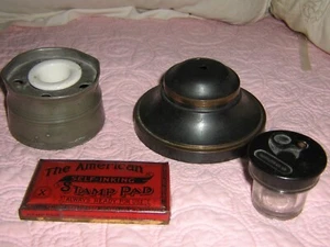 LOT of (3) Antique Inkwells: pewter/bakelite PLUS Red tin stamp pad box - Picture 1 of 3