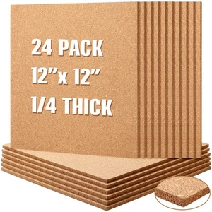 24 Pcs Square Cork Board Tiles 12"x12" 1/4" Thick Bulletin Boards Natural Cor... - Picture 1 of 6