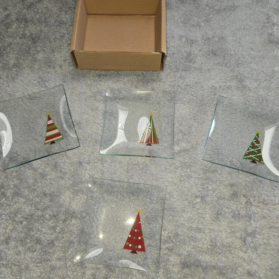 Pampered Chef Christmas Tree Appetizer Plates 6" Lot Of 4 Square Glass #2808 New - Image 1 of 4