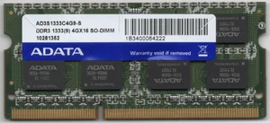 ADATA 4GB DDR3 204Pin SO-DIMM DDR3-1333 MHz PC3-10600 memory module - Picture 1 of 2