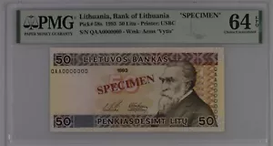 LITHUANIA 50 Litu (1993) UNC 58s banknote Litas Specimen PMG 64 EPQ - Picture 1 of 2