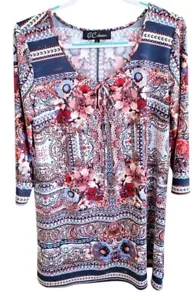 G Collection Womens L Blouse Paisley Floral Keyhole Tunic Boho Hippie Peasant - Picture 1 of 7