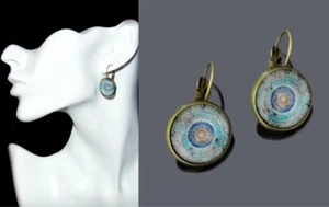Brisur Earrings Round Glass Stone Mandala Copper/Turquoise Studs - Picture 1 of 1