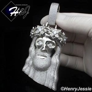 MEN 14K WHITE GOLD PLATED ICY BLING CZ OVERSIZE 3D JESUS FACE PENDANT*BP19 - Picture 1 of 5
