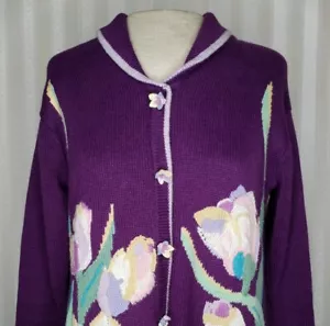 Cárdigan de punto de cuentos HSN para mujer talla S suéter púrpura floral primavera de Pascua excelente en excelente estado - Imagen 1 de 8
