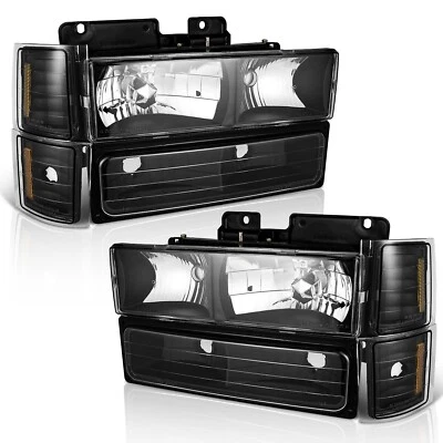 WEELMOTO For 1994-1998 Chevy C10 C/K 1500 2500 3500 Black Headlights+Bumper Lamp - Image 1 of 4