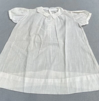 Antique Sheer Embroidered Linen Baby Dress White Smocked Trim Collar Handmade - Image 1 of 4