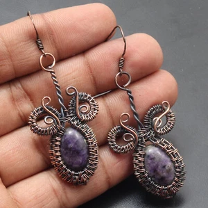 Charoite Gemstone Copper Wire Wrapped Handmade Earrings 2.6" Jewelry A416 - Picture 1 of 3