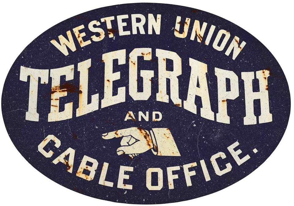 WESTERN UNION TELEGRAPH CABLE OFFICE 20" HEAVY DUTY USA MADE METAL OVAL ADV SIGN - Image 1 of 1