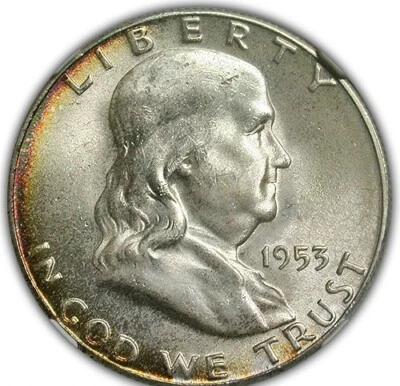 1953 S FRANKLIN HALF DOLLAR NGC MS 65 CRISP AND SPARKLY WHITE SILVER WITH A THIN - Image 1 of 4