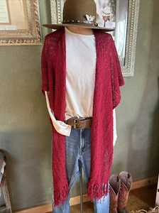 Coldwater Creek Ruana Fringe Sweater Linen Rayon Pink Red One Size western berry - Picture 1 of 5