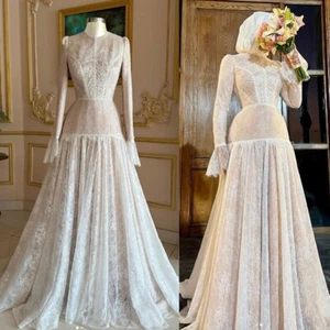Muslim Light Champagne Wedding Dresses Long Sleeves Scoop Neck Lace Appliques - Picture 1 of 8