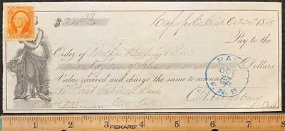 1868 ***BURNEY & SON*** ~FIRST NATIONAL BANK~ BANK CHECK+"VIGNETTE"+SCOTT# R15c! - Image 1 of 4