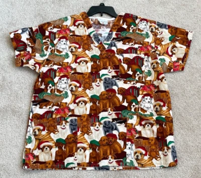 Peaches White Christmas Puppies Scrub Top Unisex M (?) 3-pocket - Image 1 of 4