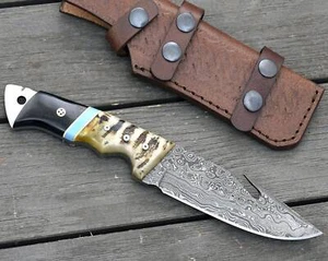 CUSTOM HANDMADE FORGED DAMASCUS STEEL HUNTING GUT HOOK FIX BLADE KNIFE + SHEATH - Picture 1 of 8