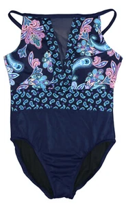 Swim Solutions Paisley Print High Neck Slimming Fit One Piece Bathing Suit NWT - Picture 1 of 2
