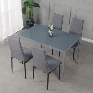 Grey Glass Dining Table and 4 Grey Linen Chairs Black Legs Set Home Furniture - Picture 1 of 28