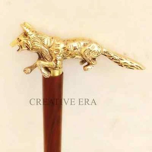 Solid Brass Walking Stick fox head handle vintage brown wooden handmade Cane New - Picture 1 of 5